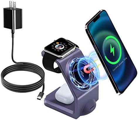 Magnetic 3-in-1 Wireless Charging Station for Apple Devices – Fast, Efficient Charger for i Phone 15/14 Pro Max, Apple Watch Ultra/8/se/7/6/5/4/3/2, and Air Pods – Compact Design with Enhanced Compatibility and Safety Features