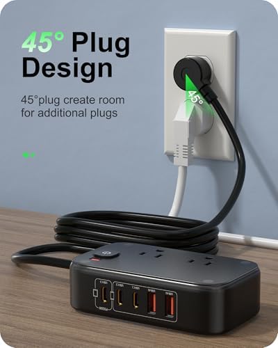 Ultimate 7-in-1 Power Strip with 65 W Ga N Technology | Flat Plug Design for Space-Saving | 3 USB-C & 2 USB-A Ports for Rapid Charging | 2500 W AC Outlet for Home, Office, College & Travel | Versatile Surge Protector for All Devices