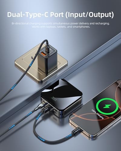 T-CORE 10,000 m Ah Mini Power Bank – Ultra-Compact Fast Charging Portable Charger with Built-in USB-C Cable for Seamless Compatibility with i Phone 15/16 and Samsung Devices – Essential Travel Companion for Camping and On-the-Go Power Solutions