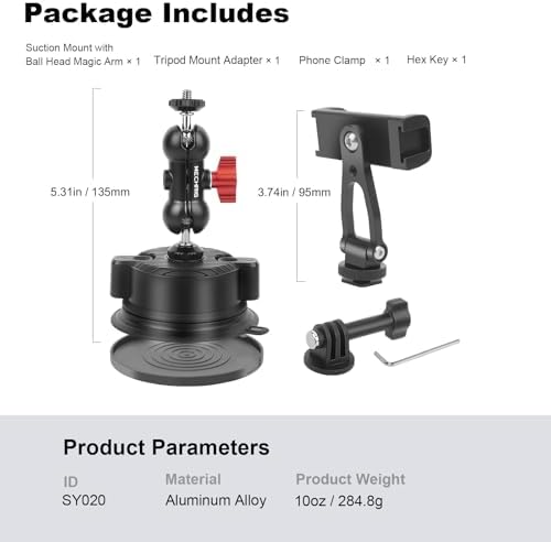 Car Phone Holder Phone Mount for Car, Double-Layer Suction Cup Camera Mount with 360° Ball Head Magic Arm, Windshield Window Car Mount for iPhone/Smartphone/DSLR/Action Camera (SY020) – Enhanced Compatibility and Speed