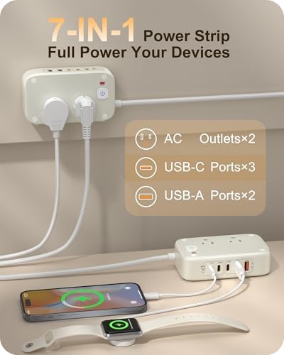 Ultimate 7-in-1 Power Strip with 65 W Ga N Technology | Flat Plug Design for Space-Saving | 3 USB-C & 2 USB-A Ports for Rapid Charging | 2500 W AC Outlet for Home, Office, College & Travel | Versatile Surge Protector for All Devices