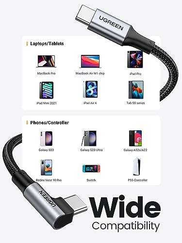UGREEN 10 FT Right Angle USB C to USB C Cable – 100 W Fast Charging & Data Transfer for i Phone 16 Series, Mac Book Pro 2022, i Pad Pro 2022, Dell XPS, & Samsung Galaxy S24/S23 – Flexible 90-Degree Design for Effortless Connectivity and Enhanced Durability