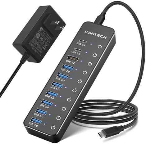 Elevate Your Workspace with RSHTECH 10-Port USB Hub – High-Speed 10 Gbps Data Transfer, 60 W Power Output for Rapid Charging, Individual Touch Controls for Seamless Device Management – Ideal USB-C and USB-A Solution for Laptops and PCs