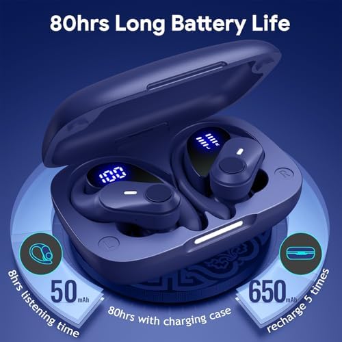 GOLREX Active Noise Cancelling Bluetooth Earbuds – 80-Hour Playtime with Wireless Charging Case, Over-Ear Hooks for Secure Fit, LED Battery Indicator, Premium Sound Quality for Fitness Enthusiasts – Ideal for Gym, Running, and Intense Workouts