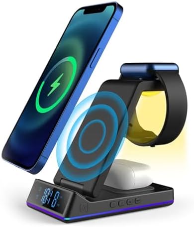Revolutionary STC 5-in-1 Wireless Charging Station with Integrated Clock, Alarm, and Soothing Night Light – 15 W Qi Fast Charging for i Phone, Air Pods, and Apple Watch – Ultimate Space-Saving Solution for Modern Tech Enthusiasts