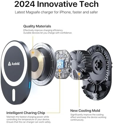 andobil 15 W Wireless Fast Car Charger with Magnetic Mount for i Phone 16/15/14 Series – Effortless Navigation & Charging Solution for Safety-Conscious Drivers – Sleek, Durable Design with Advanced Safety Features for Maximum Performance