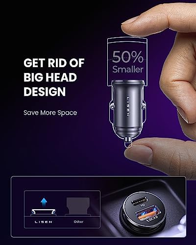 LISEN 48 W Dual USB-C Car Charger Adapter (2 Pack) – Mini & Metal Fast Charging Cigarette Lighter Charger for i Phone 15 Pro Max, Samsung Galaxy, i Pad – Power Delivery & Quick Charge 3.0 for Ultimate Device Compatibility on the Go
