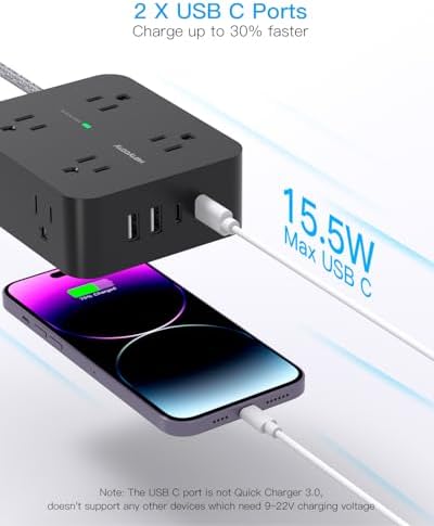 HANYCONY 6 ft Surge Protector Power Strip with 8 Outlets & 2 USB-C Ports – Essential College Dorm Extension Cord with Space-Saving Flat Plug for Fast Charging and Device Safety – Perfect for Home Office and Tech Needs