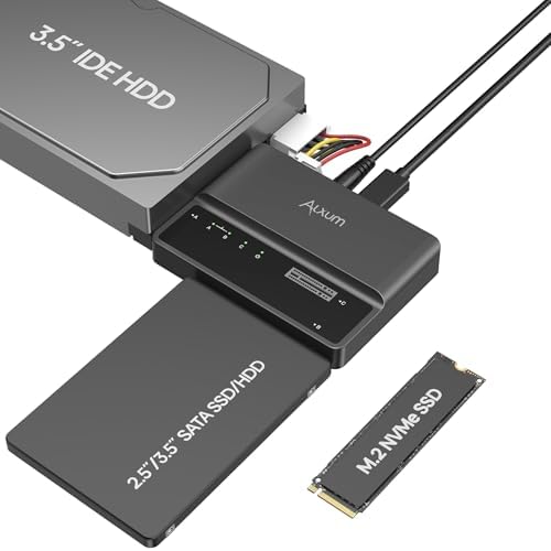 Alxum 3-in-1 High-Speed Tool-Free SSD Enclosure – Versatile USB 3.2 Type C Adapter for NVME, SATA, and IDE Drives – Supports 2230/2242/2260/2280 SSDs & 2.5″/3.5″ HDDs – Ultimate Solution for Rapid Data Transfer and Enhanced Compatibility