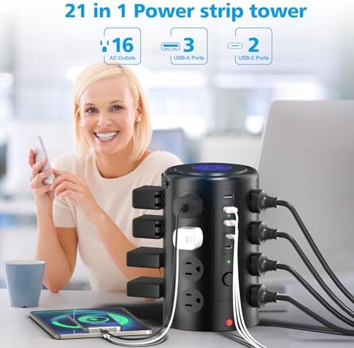 Advanced Surge Protector Power Strip with 15 W Wireless Charging Station – 16 AC Outlets & 5 USB Ports (Including 2 USB-C) for Optimal Home, Office, and Dorm Room Use – 10 FT Cord for Enhanced Flexibility and Speedy Device Charging