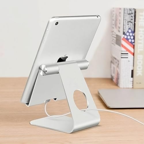 Versatile Adjustable Tablet Stand – Premium Multi-Angle Holder for i Pads, E-Readers, and Smartphones – Sleek Silver Design for Enhanced Stability and Comfort with Devices up to 12.9″ – Perfect for Home Office or Travel Use