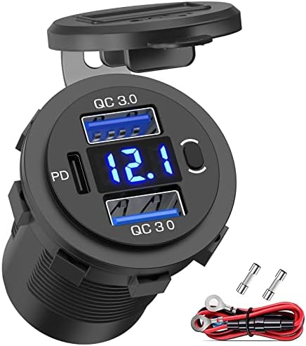 Qidoe 12 V USB Car Charger with Dual Quick Charge 3.0 Ports & 30 W USB-C PD Socket – Waterproof Multi-Device Charging Adapter for Cars, Boats, RVs, and Trucks with Integrated Voltmeter and Power Control Switch for Enhanced Durability and Performance