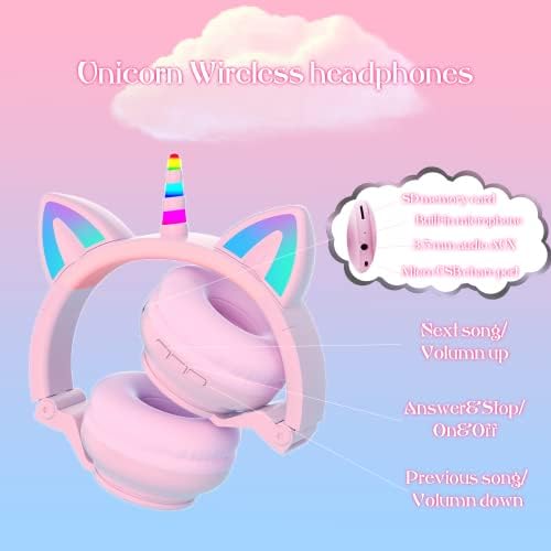 Enchanting Unicorn Wireless Headphones for Kids – Stylish Pink Foldable Design with Light-Up Features, Perfect for Tablets and Toddlers – Superior Sound Quality and Comfort for Magical Listening Adventures – Durable, Adjustable, Tangle-Free Fun for Every Little Girl