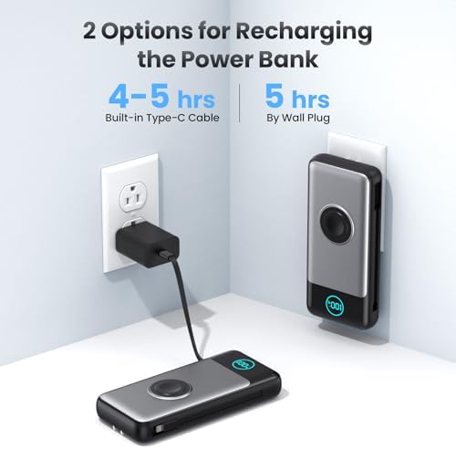 26800 m Ah Ultra-High Capacity Portable Charger with Built-in Cables & AC Wall Plug – 6-in-1 USB-C Power Bank for Fast Charging of i Phone 16/15/14/13/12, Android Devices & Apple Watch – Charge 5 Devices at Once with 25 W PD & Quick Charge Technology – Ideal for Travel, Camping, and Daily Use – Advanced Safety Features for Optimal Performance