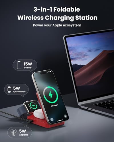 Revolutionary 3-in-1 Wireless Charging Station for Apple Devices – 15 W Fast Mag Safe Charger with Foldable Magnetic Stand, 30 W USB-C Adapter Included, Compatible with i Phone 16/15/14/13/12, Apple Watch, and Air Pods – Enhanced Cooling Technology & Safety Features for Optimal Performance and Convenience