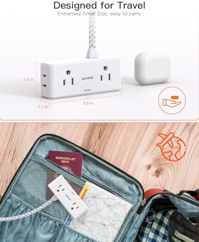 BESHON 10 ft Flat Plug Extension Cord with 4 Wide Outlets & 3 USB Ports (2 USB-C) – Versatile Power Strip for Home, Office & Dorm – Space-Saving Design with Surge Protection & Fast Charging Capabilities