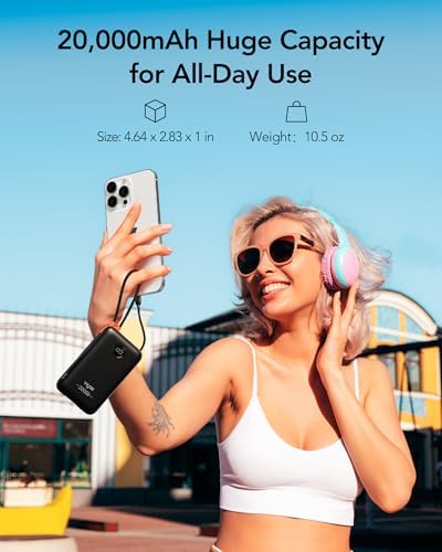 High-Capacity 20000 m Ah Portable Charger with Built-in Cables – 30 W Fast Charging Power Bank Featuring LED Display for i Phone, Samsung, i Pad & Android Devices – Ideal Travel Companion for On-the-Go Charging Solutions