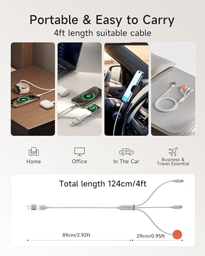 for Apple Watch Charger,3-in-2 Silicone Multi Charging Cable Travel Fast Charger Cord with USB C/Lightning Ports -Tangle-Free for iWatch Ultra/SE/10-1, iPhone 16-12/PS5/Nintendo Switch-4FT – Enhanced Compatibility and Speed