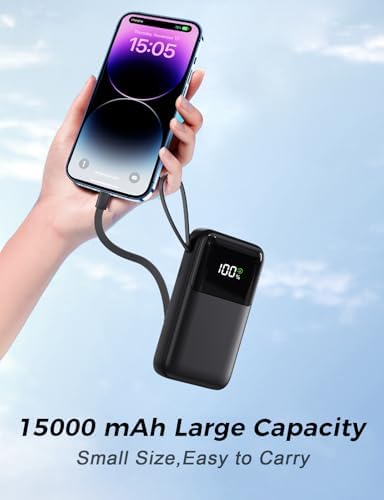 15000 m Ah Portable Power Bank with Built-in Multi-Cables, 22.5 W Fast Charging, and 6 Output Ports – Ultra-Slim Travel Battery Pack with Smart LED Display for i Phone 16/15/14/13, Samsung, and More – Perfect for On-the-Go Charging and Air Travel Safety