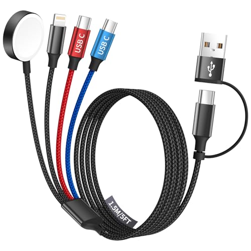Universal 4-in-2 Travel Charging Cable – Fast Charge Dual Type-C & USB-A for Apple i Watch, i Phone, Android Devices – 5 FT Durability with 2-Pack Convenience for On-the-Go Life