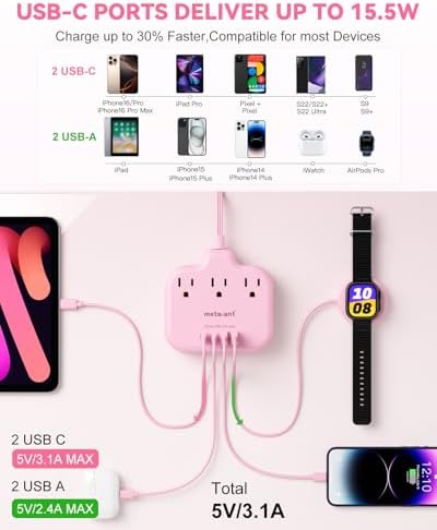 Stylish Brown Travel Power Strip with 5 Ft Cord – Compact Extension Solution Featuring 3 AC Outlets & 4 USB Ports (2 USB-C) for Rapid Charging – Ideal Desk Accessory for Tan Wood and Walnut Grain Décor – Maximize Functionality & Aesthetics in Any Space