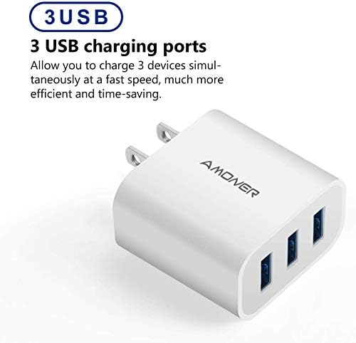 Amoner 2-Pack 15 W 3-Port USB Wall Charger for Fast Charging – High-Efficiency Power Block Compatible with i Phone 14/13/12/11/X/XR/X/8/7/6, Galaxy & Android Devices – Perfect Travel Companion with Built-in Safety Features