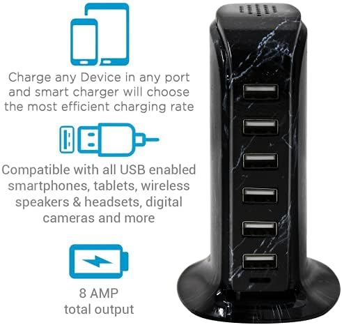 Aduro 40 W 6-Port USB Desktop Charging Hub – Multi-Device Power Station with Smart Flow Technology for Fast Charging i Phones, i Pads, and Smartphones – Sleek, Compact Design for Home and Office Use – Reliable Safety Features Ensure Optimal Device Protection