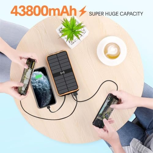 Ultimate Solar Power Bank 43,800 m Ah with QC3.0 Fast Charging & Qi Wireless Technology – Dual Output Cables & 680 Lumen Emergency Flashlight for Outdoor Adventures and Travel Efficiency