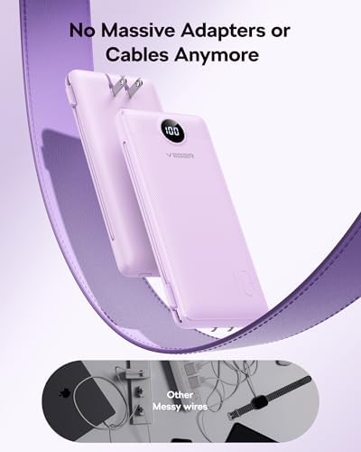 VEGER 10,000 m Ah AC Wall Plug Portable Charger – Ultra-Slim Power Bank with Built-In Cables, 15 W USB-C Fast Charging, Essential Travel Companion for i Phone, Android & More – Effortless Charging Anywhere