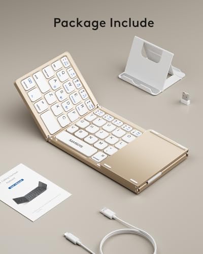 Samsers Portable Bluetooth Keyboard with Touchpad – Ultra-Slim Foldable Wireless Keyboard for Effortless Typing on Android, Windows, and i OS Devices – Rechargeable, Travel-Friendly Design with Device Holder – Black
