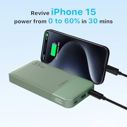 10000 m Ah Fast Charging Power Bank – 35 W Portable USB-C Charger with PD 3.0 & QC 4.0 for i Phone 15, Galaxy, Tablets, and Switch – Sleek Green Design for Ultimate Portability and Compatibility