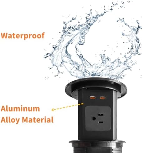 ZESHAN Sleek Pop-Up Power Outlet with 15 W Wireless Charging Station – Dual US Outlets, USB A & USB C PD Fast Charging Ports for Effortless Connectivity at Home or Office – Ideal for Conference Tables and Kitchen Counters, Modern Black Finish