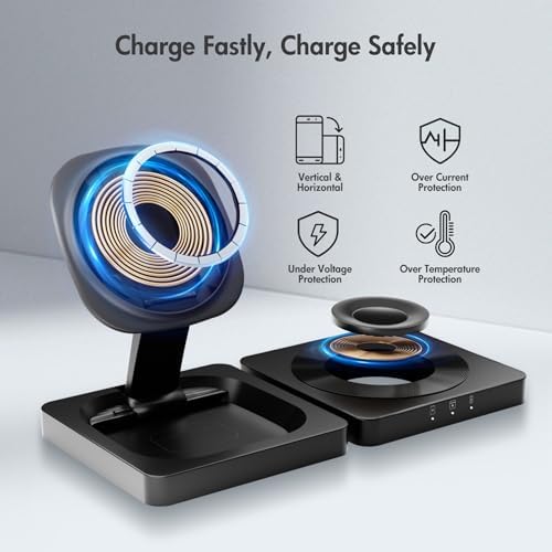 3-in-1 Magnetic Wireless Charger Station for i Phone 16, 15, 14, 13, 12 Pro Max, Apple Watch Series & Air Pods – Fast 15 W Charging Pad with Foldable Design for Ultimate Portability – Enhanced Magnetic Stability and Universal Compatibility (Black)