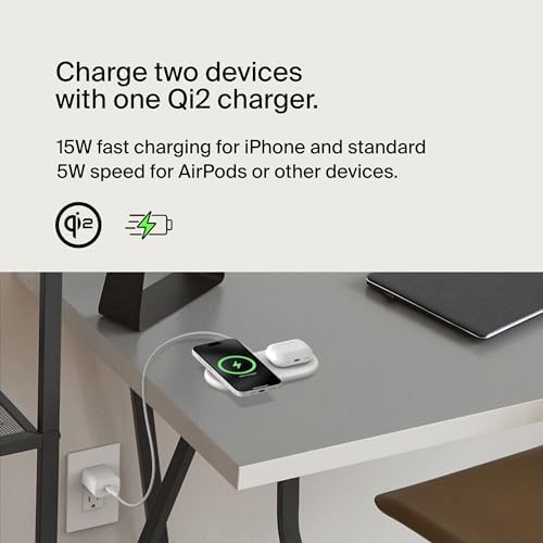 Belkin 15 W Mag Safe-Compatible 2-in-1 Wireless Charging Station – Fast Dual Device Charger for i Phone 16, 15, 14, 13 Series & Air Pods – Sleek Sand Design for Effortless Portability and Seamless Power Solutions