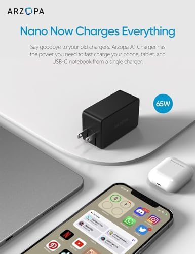 ARZOPA 65 W Ga N USB-C Wall Charger – Compact 3-Port Fast Charging Block for Mac Book Pro, i Phone 15, Galaxy S24 Ultra & More – Ultimate Travel Companion with Foldable Design & Advanced Power Delivery Technology for Rapid Device Charging