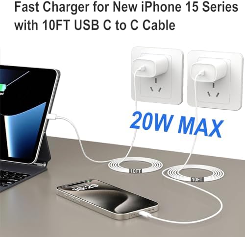 Swift Charge 20 W USB-C Charger for i Phone 15 & i Pad – 6 FT Cable Included – Rapid Power Solution for i Phone 16 Pro Max, i Pad Pro, Mini & Air – Lightweight, Durable, and Versatile Charging Block for All Your Devices – Say Goodbye to Long Wait Times with Enhanced Compatibility and Safety Features