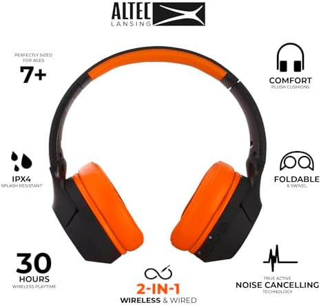 Altec Lansing Kid-Safe Wireless Headphones – Active Noise Cancellation for Children Aged 7+, 85 d B Volume Limiting, 15-Hour Battery Life, Ergonomic Foldable Design for Ultimate Comfort and Safety in Music, Movies, and Gaming