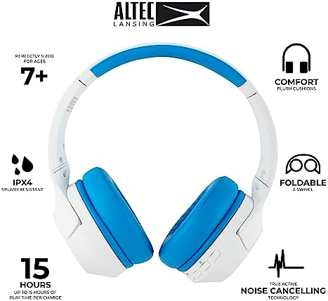 Altec Lansing Kid-Safe Wireless Headphones – Active Noise Cancellation for Children Aged 7+, 85 d B Volume Limiting, 15-Hour Battery Life, Ergonomic Foldable Design for Ultimate Comfort and Safety in Music, Movies, and Gaming