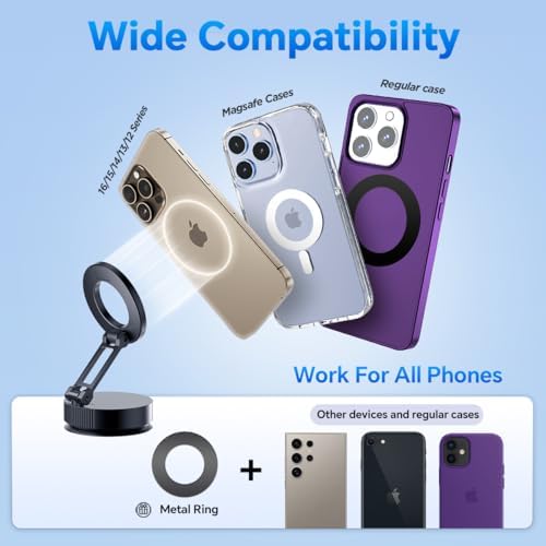 360° Adjustable Magnetic Phone Holder, Metal Suction Cup Phone Mount, Vacuum Magnetic Phone Holder, Foldable Phone Mount for Your Car/Bathroom/Gym/Mirror, for All Smartphones & All Car Models – Enhanced Compatibility and Speed