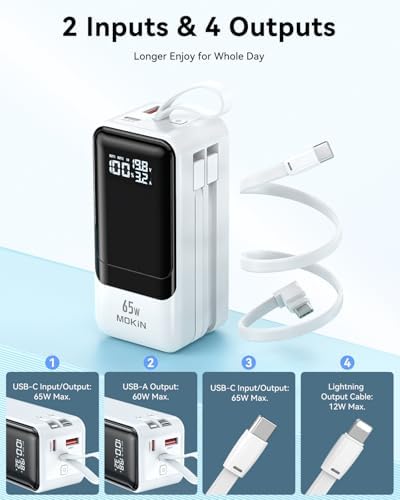 Ultra-Fast 65 W Portable Laptop Charger – 18400 m Ah Power Bank with Smart Display, Dual Built-in Cables, 4 Output Ports, Travel-Friendly Design for Mac Book, i Phone 15/14/13, i Pad, Samsung – Compact Power Solution for On-the-Go Charging