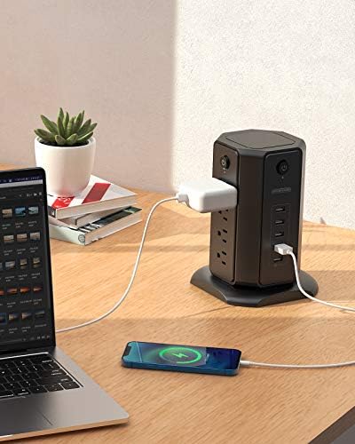 10 ft NTONPOWER Power Strip Tower with 8 Outlets & 5 USB Ports – Premium Surge Protector with Individual Switches, 1080 Joules Protection, 13 A Circuit Breaker – Ideal for Home Office & Entertainment Setup, Sleek Black Design for Ultimate Convenience