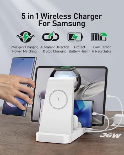 Ultimate 5-in-1 Wireless Charging Station for Samsung Devices – Fast Multi-Device Charger for Galaxy S25, S24, S23, S22, S20, Note Series, Z Fold 6, Galaxy Watch 7, 6, 5 & Buds – Sleek White Design for Home & Office with Enhanced Safety Features and Portability