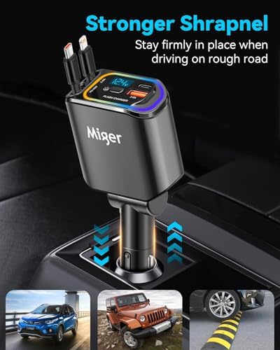 Miger 4-in-1 Retractable Car Charger – 100 W Fast Charging USB-C Adapter with Dual USB Ports for i Phone 16/15/14/13/12/11 & Galaxy Devices – Tangle-Free Design for Ultimate Convenience and Enhanced Compatibility