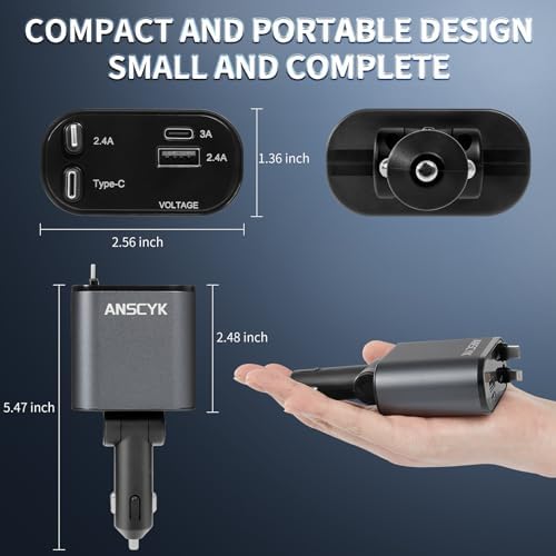 Compact 4-in-1 Retractable Car Charger by ANSCYK – 60 W Fast Charging with Lightning & USB-C Cables for i Phone, Galaxy, Pixel – Sleek Design & Enhanced Compatibility for Effortless On-the-Go Power Solutions