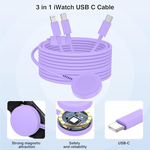 Ultimate 3-in-1 Magnetic Charger for Apple Watch – Fast USB-C Charging Cable for i Phone & i Pad Compatibility – 6 FT Versatile Length for All Apple Watch Series – Durable Design for Effortless Home and Travel Charging