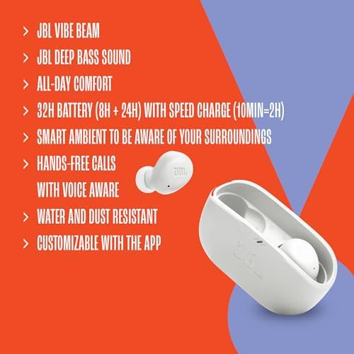 JBL Vibe Buds – Advanced True Wireless Earbuds with Smart Ambient & Voice Aware Features, 32-Hour Battery Life, Rapid Charge, Water & Dust Proof, Signature Deep Bass for Unmatched Audio Experience (White) – Perfect for All-Day Use and Versatile Compatibility