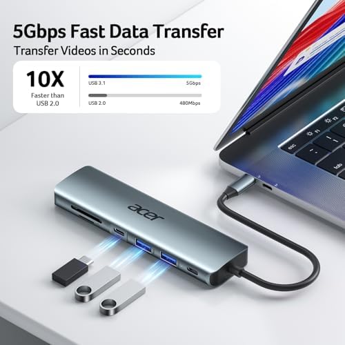 Acer 7-in-1 USB C Hub with 4 K HDMI Splitter – Ultimate Connectivity Solution for Laptops & PCs – Fast 5 Gbps Data Transfer, PD 100 W Charging & SD Card Reader – Transform Your Workspace with Enhanced Performance and Versatility
