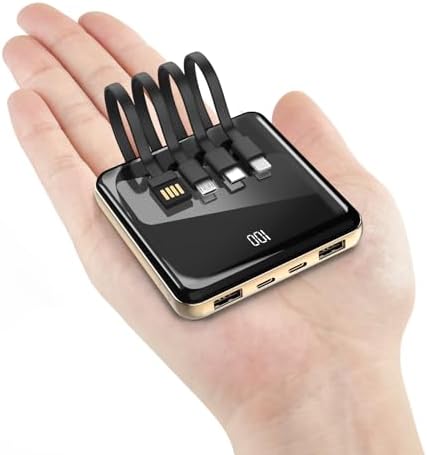 KLL 10,000 m Ah Slim Portable Power Bank with Built-in Cables – Ultra-Compact External Battery Pack Featuring LED Display, 4 Inputs, and 5 Outputs for Seamless Charging of i Phone, Samsung, Huawei, i Pad, and More (Stylish Purple) – Optimal Portability & Fast Charging Solution