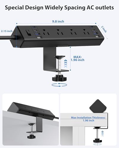 40 W Rapid Charge Desk Clamp Power Strip with 8 AC Outlets & 8 USB Ports – Versatile Surge Protector for Home & Office, Featuring 4 USB-C and 4 USB-A Ports, Secure Edge Mount Design for Tables up to 1.9 Inches, 14 AWG Heavy-Duty Cord for Optimal Performance and Safety