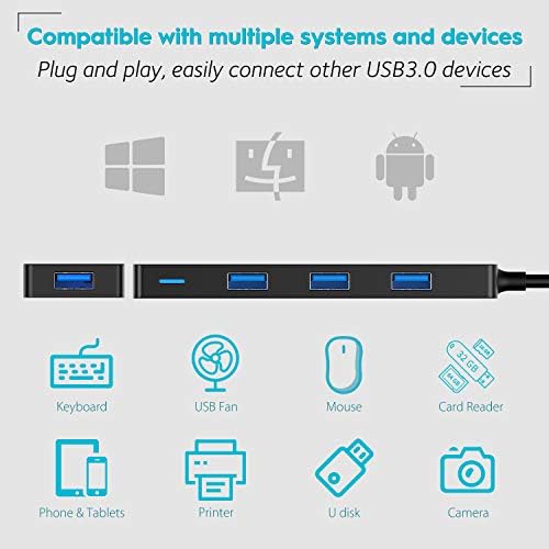 Ultra-Slim 4-Port USB 3.0 Hub with 2 ft Extended Cable – High-Speed Data Transfer for Mac Books, PCs, and More – Compact USB Expander for Enhanced Connectivity, Ideal for On-the-Go Professionals and Home Offices
